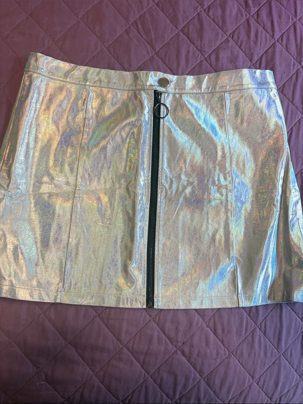 Alegria Holographic Silver Mini Skirt with Front Zip